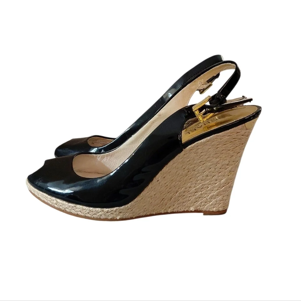 Michael Kors Keenan Black Patent Leather Peep Toe Espadrille Wedges Size 8